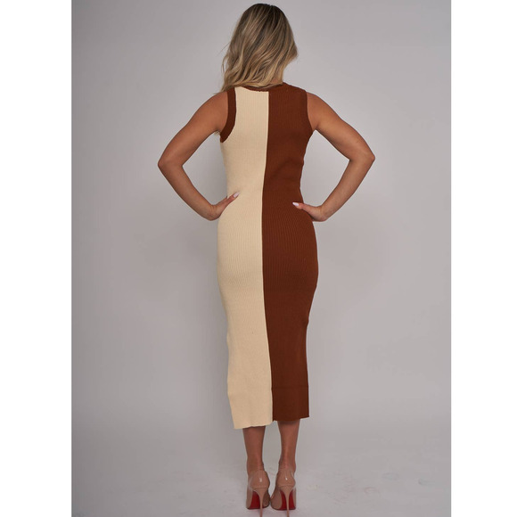 NWT Cream Brown Ribbed Knit Fall Midi Dress - S - Picture 5 of 5